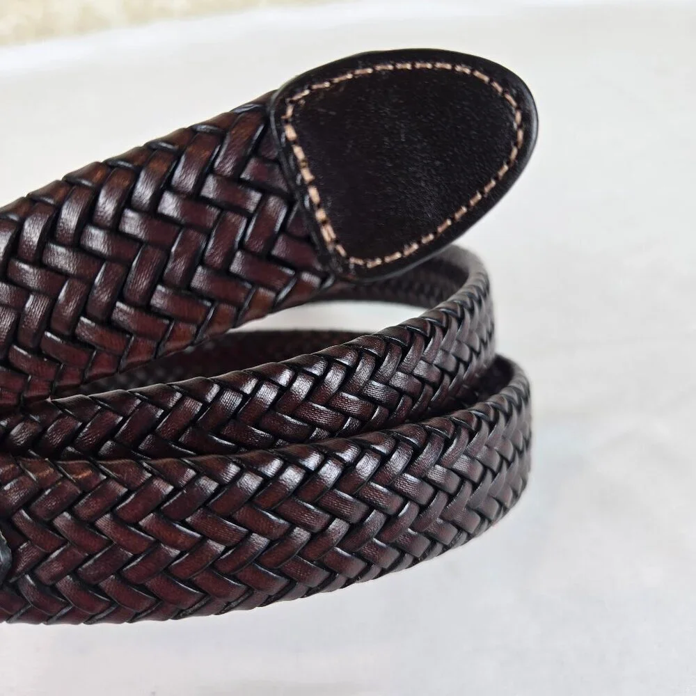 Perry Ellis Portfolio Waist Size 36/90 Dark Brown Woven Leather Belt Gold Buckle